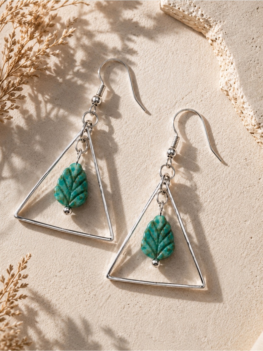 Boho Geometric Turquoise Leaf Dangle Earrings Silver Tone - Picture 2 of 6
